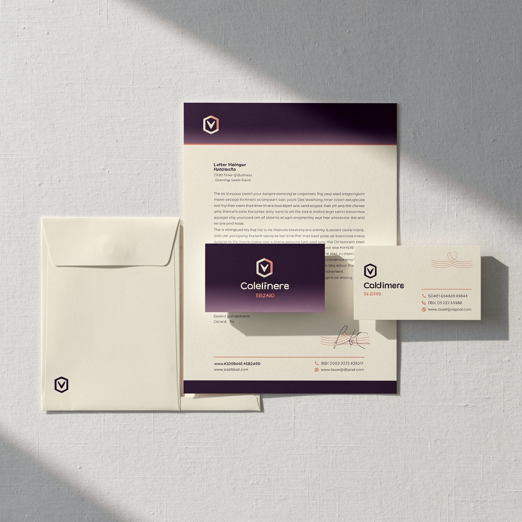 Business card and letterhead stationery set printed and laid out on a light surface showing brand cohesion