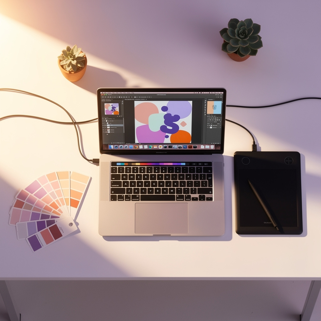 Graphic design workspace with design files open on screen