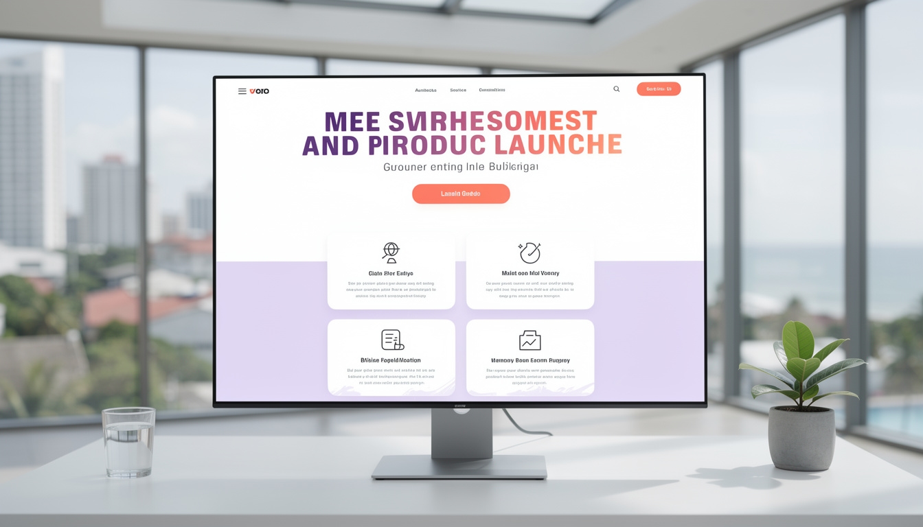 Product launch landing page design displayed on laptop screen with clean hierarchy and call-to-action section