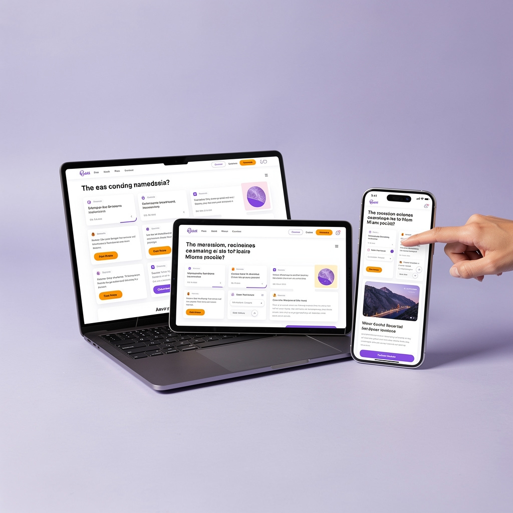 Mobile-first responsive website layout displayed across phone, tablet, and desktop screens