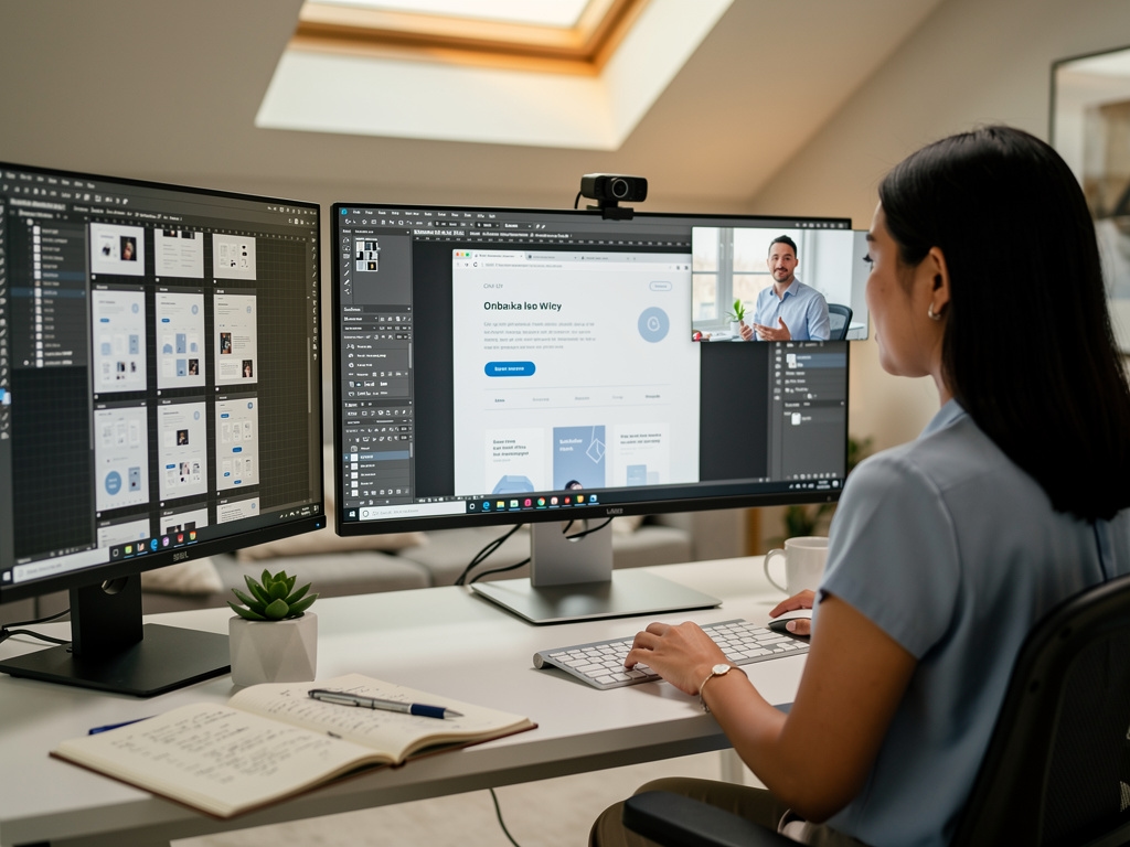 Designer working remotely on screen sharing video call reviewing design files with international client