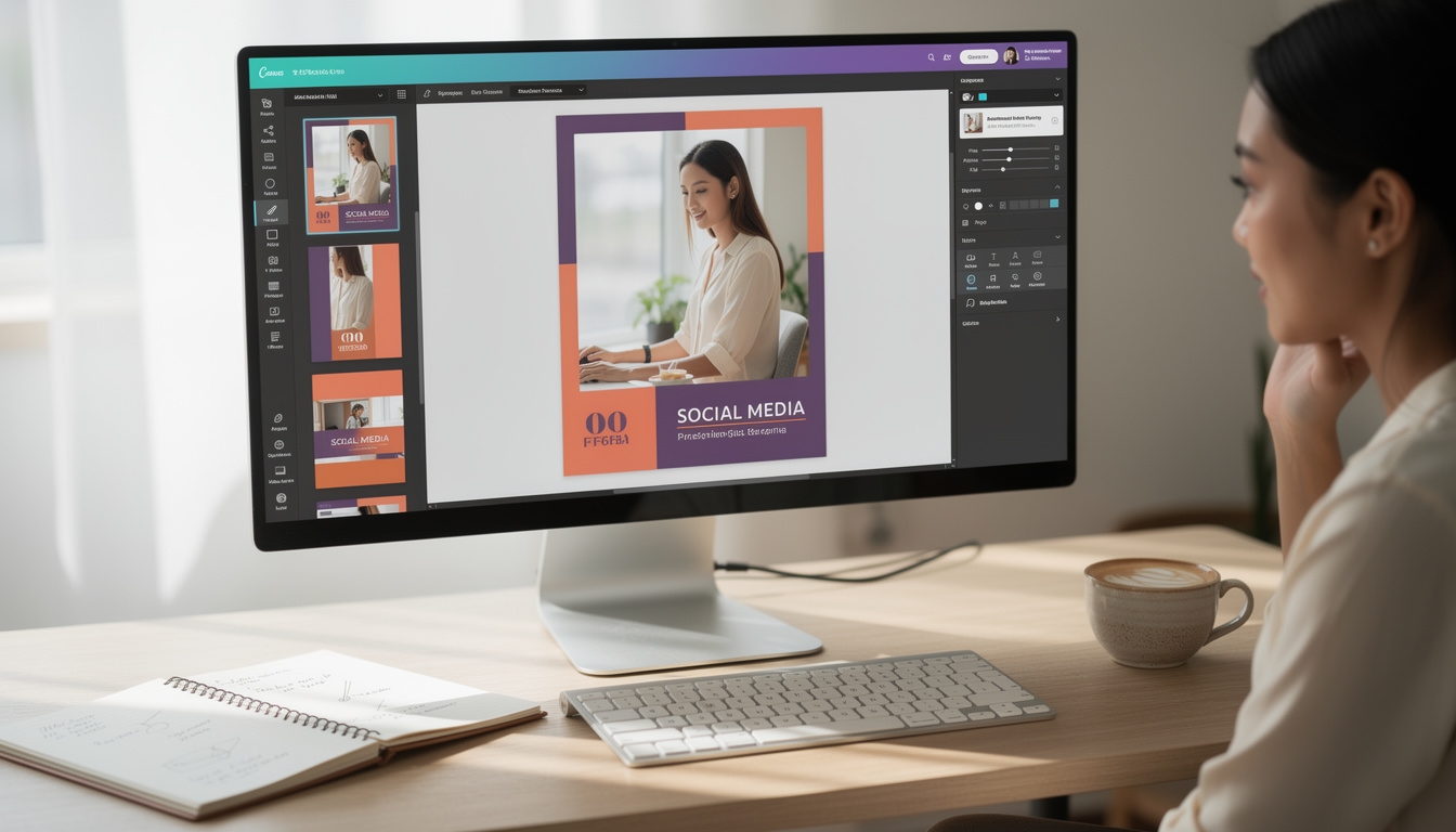 Set of branded social media post templates open in Canva showing consistent visual identity